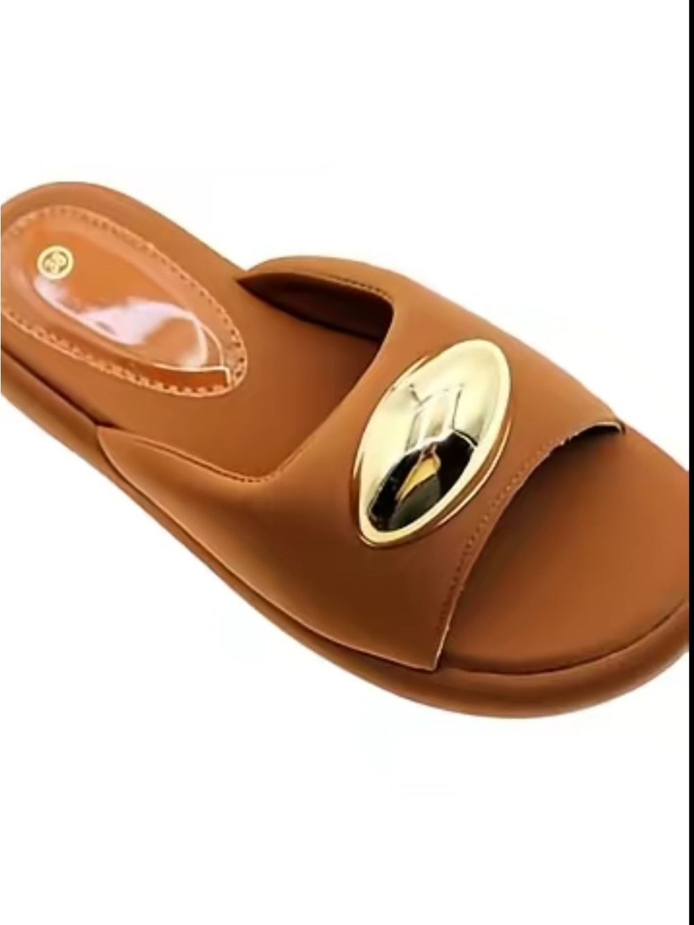 Women’s Tan Slide Mule with Gold Oval Accent